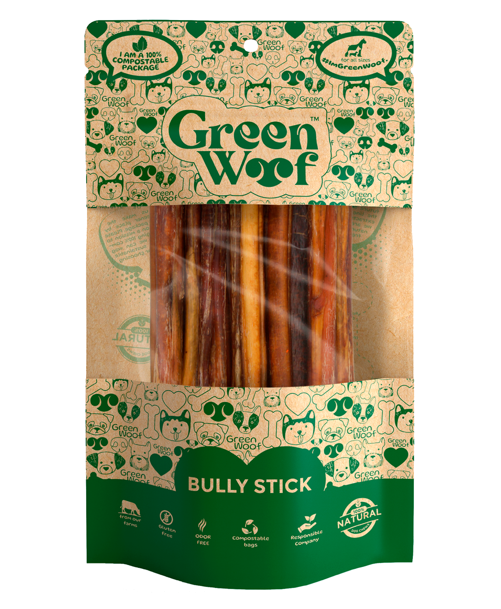 Green Woof Straight Bully Sticks