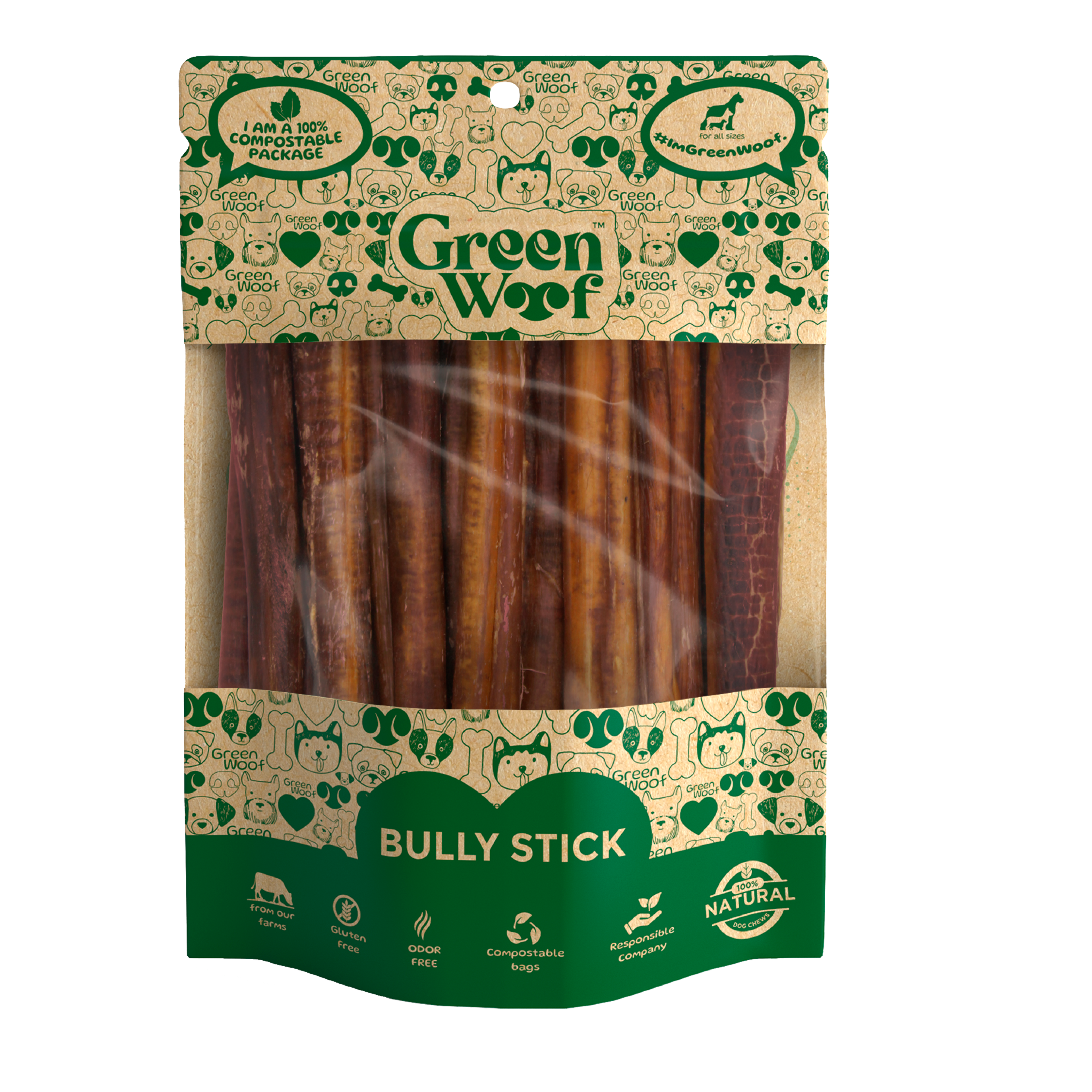 Green Woof Straight Bully Sticks