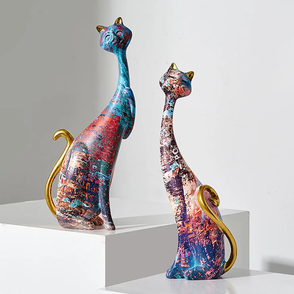 European Style 2pcs Oil Painting Cat Statues Animal Modern Sculpture Room Decoration Accessories Sculptures for Home Design Gift