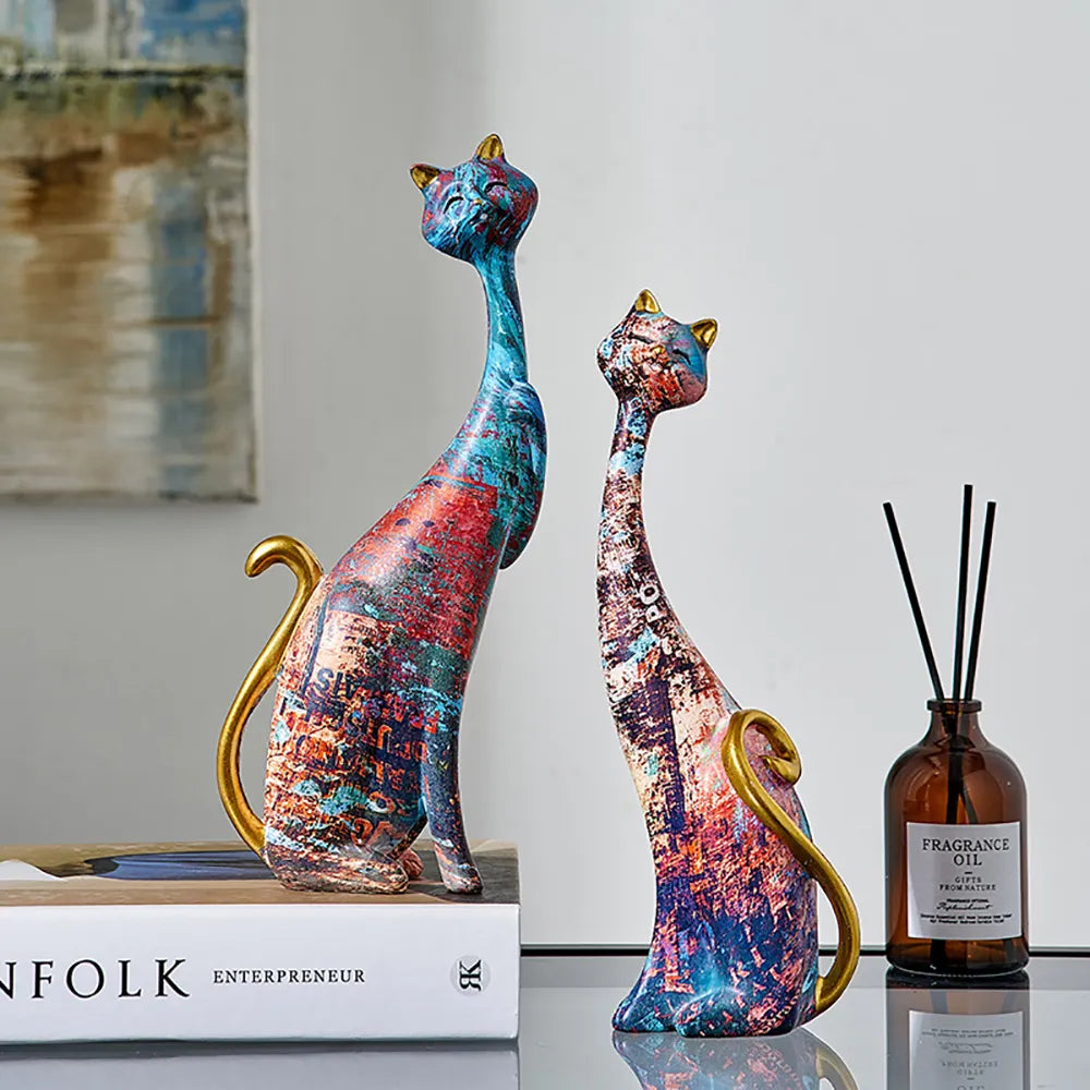 European Style 2pcs Oil Painting Cat Statues Animal Modern Sculpture Room Decoration Accessories Sculptures for Home Design Gift