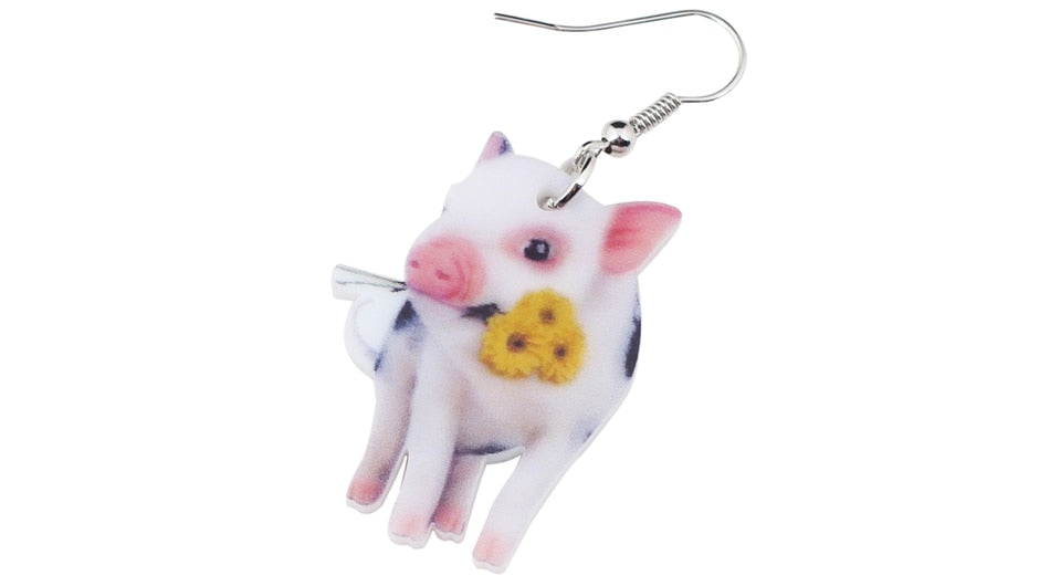 Acrylic Flower Pink Pig Piggy Earrings Big Long Dangle Drop Cute Animal Jewelry For Girls Women Ladies Teens Accessories