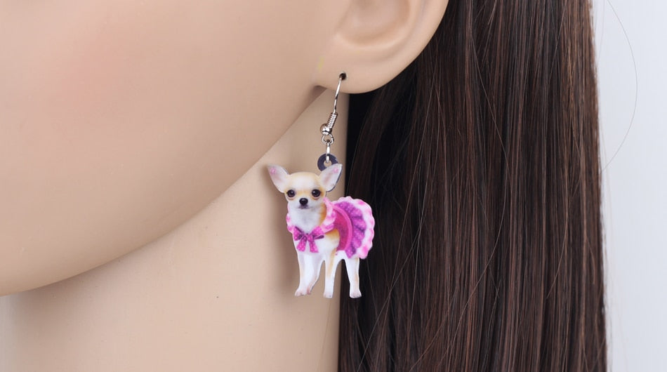 Acrylic Pink Dress Chihuahua Dog Earrings Big Long Dangle Drop Animal Jewelry For Girls Women Ladies Teen Accessories Pet