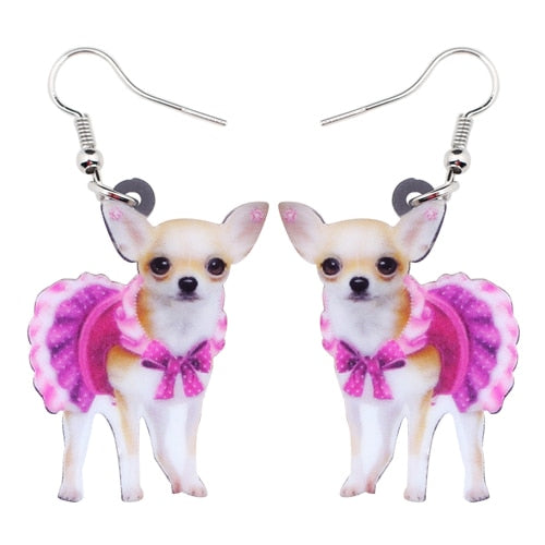 Acrylic Pink Dress Chihuahua Dog Earrings Big Long Dangle Drop Animal Jewelry For Girls Women Ladies Teen Accessories Pet
