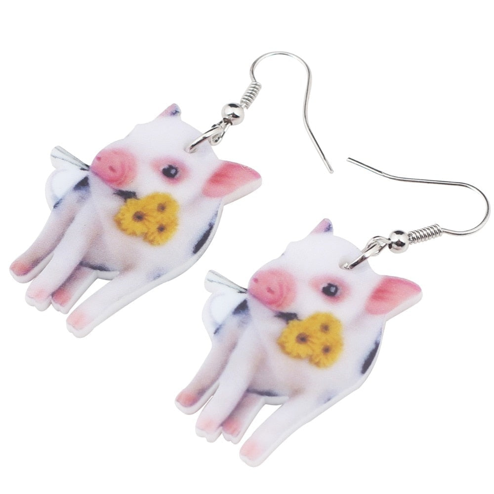 Acrylic Flower Pink Pig Piggy Earrings Big Long Dangle Drop Cute Animal Jewelry For Girls Women Ladies Teens Accessories