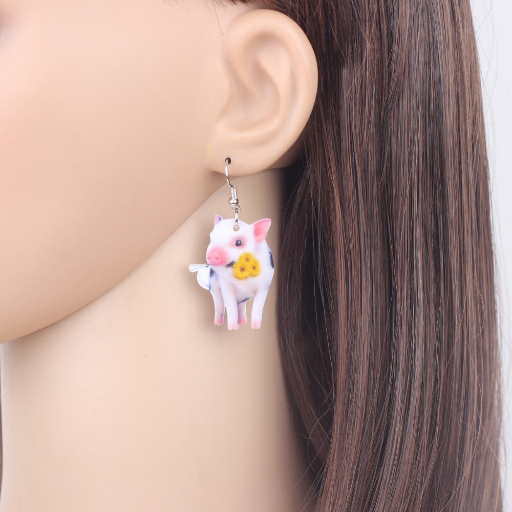 Acrylic Flower Pink Pig Piggy Earrings Big Long Dangle Drop Cute Animal Jewelry For Girls Women Ladies Teens Accessories
