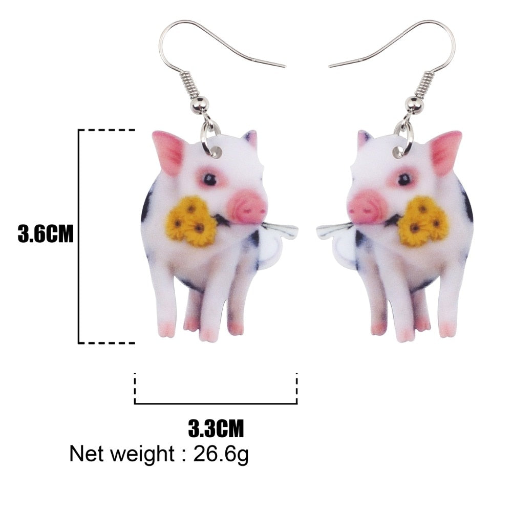 Acrylic Flower Pink Pig Piggy Earrings Big Long Dangle Drop Cute Animal Jewelry For Girls Women Ladies Teens Accessories