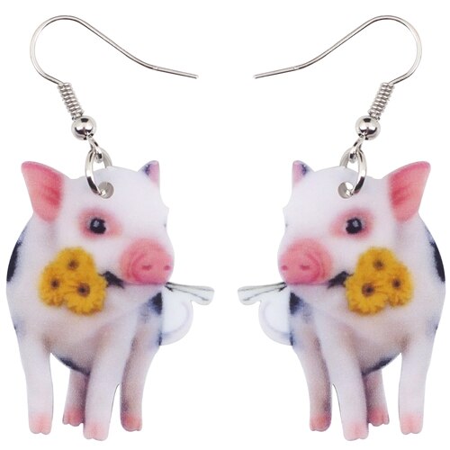 Acrylic Flower Pink Pig Piggy Earrings Big Long Dangle Drop Cute Animal Jewelry For Girls Women Ladies Teens Accessories