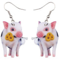 Acrylic Flower Pink Pig Piggy Earrings Big Long Dangle Drop Cute Animal Jewelry For Girls Women Ladies Teens Accessories